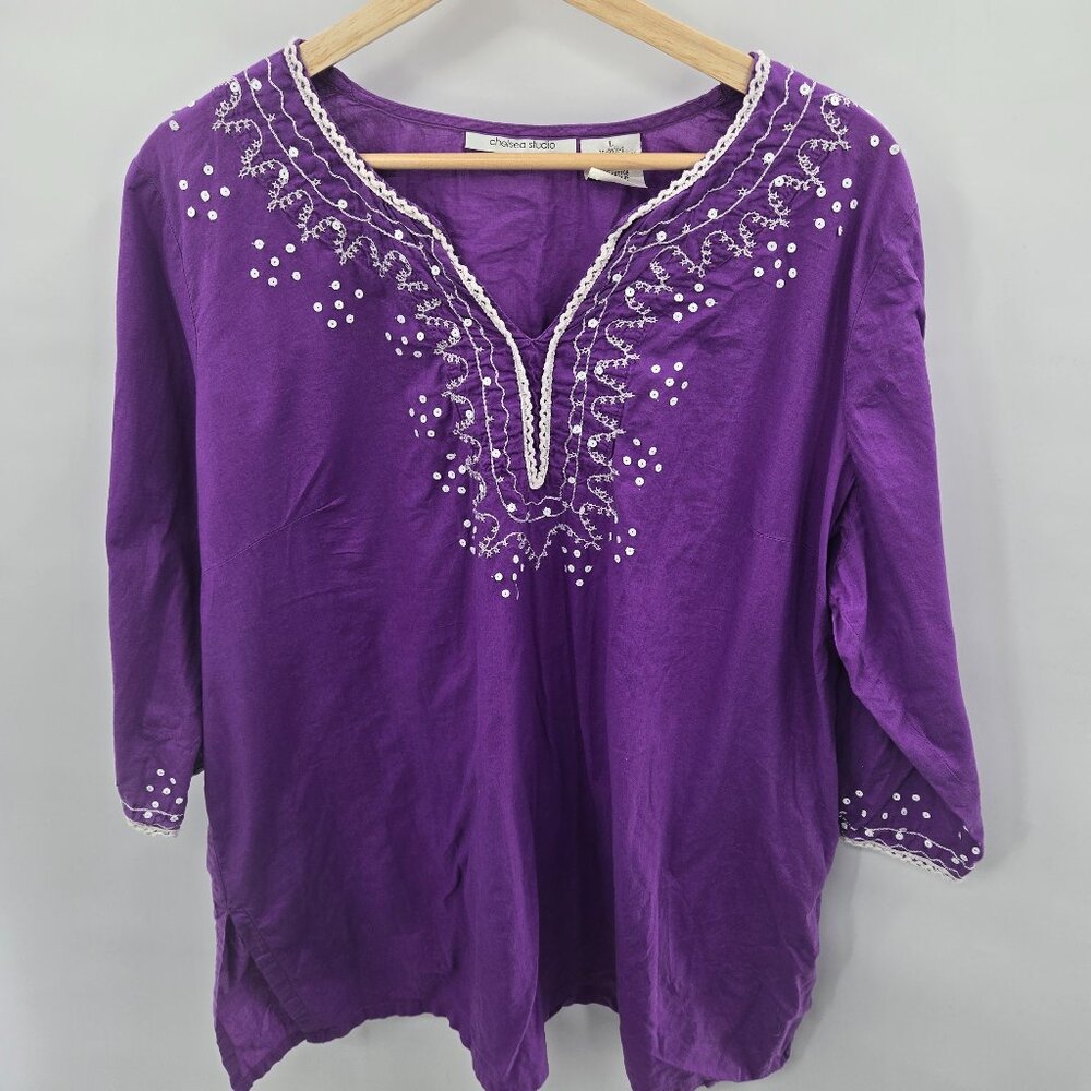 Chelsea Studios Purple White Embroidered Beaded V-Neck Tunic Top Large